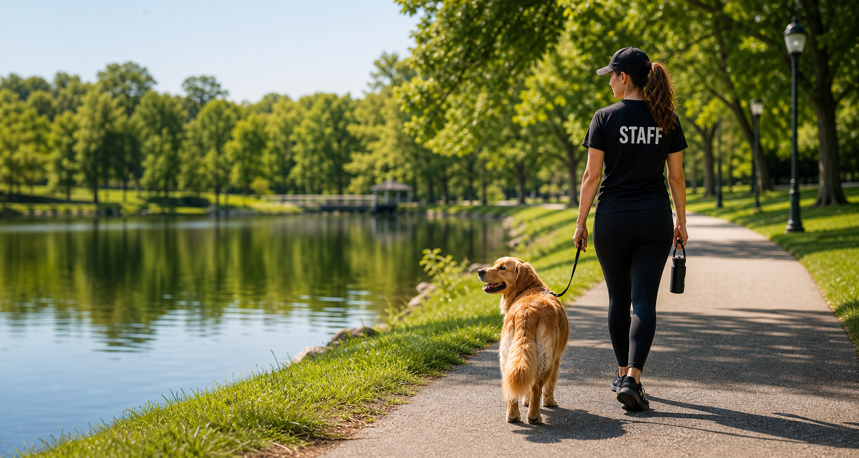 Staff member walking a dog beside a scenic pond