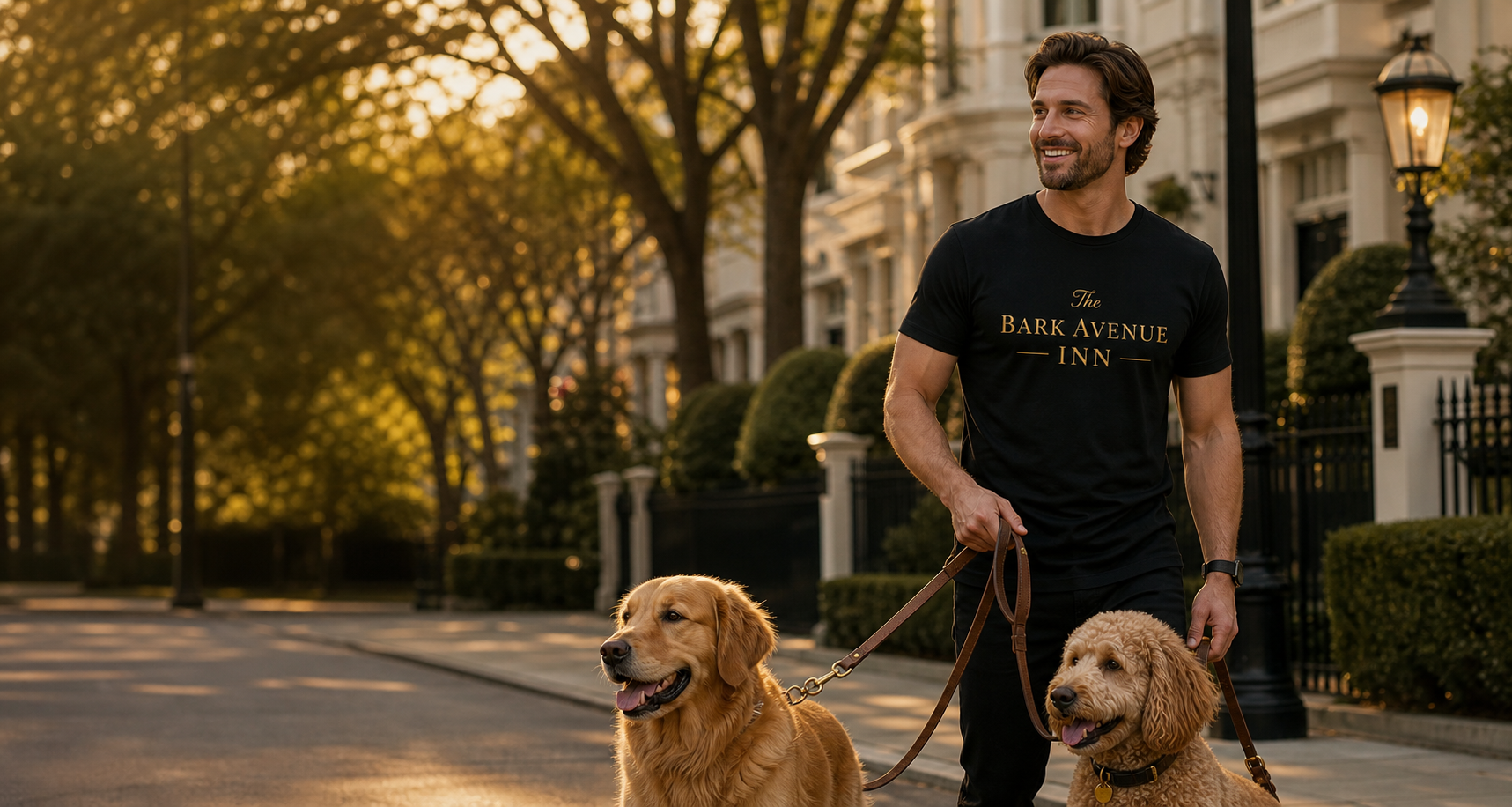 The Bark Avenue Inn dog walker with two dogs